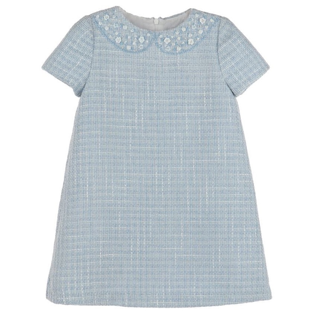 Luli & Me Blue and White Tweed Dress with Embroidered Floral Collar